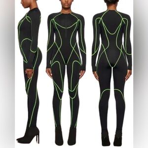 ❗️NEW SKIMS Black Moto Contour Catsuit Jumpsuit Tracksuit Black Green Stitching